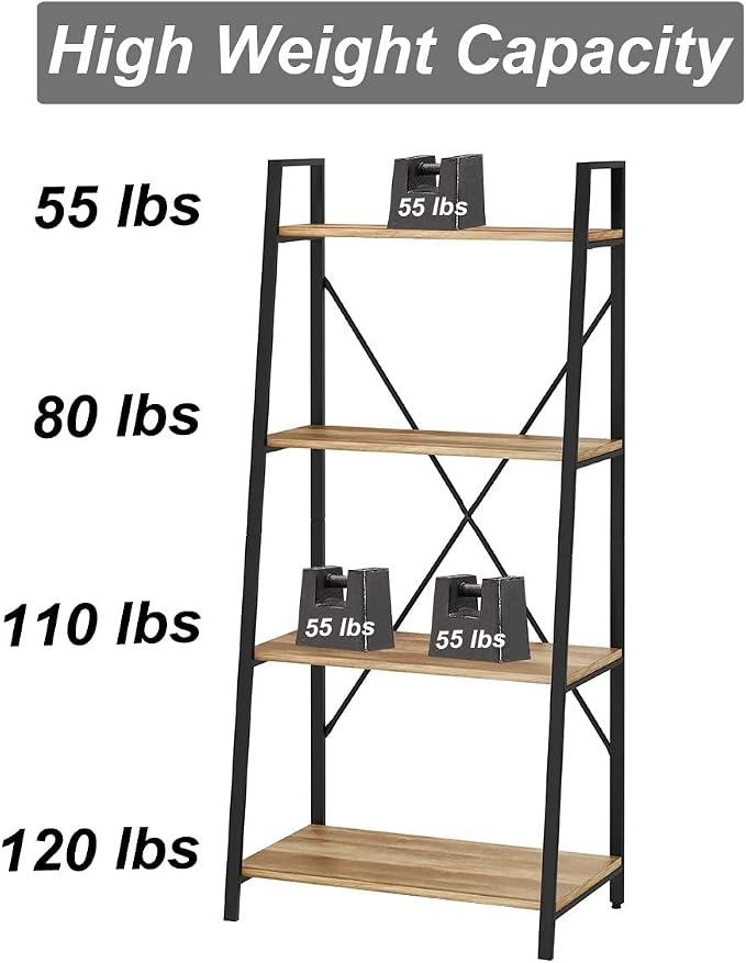 BON AUGURE Farmhouse Ladder Shelf Bookcase, 4 Tier Rustic Ladder Bookshelf, Standing Leaning Book Shelves for Living Room (Vintage Oak)