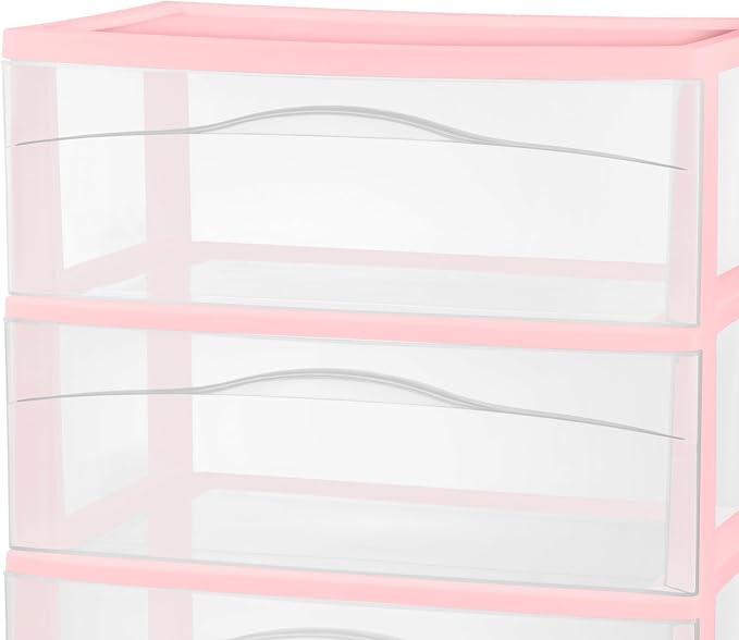 Sterilite 4 Pack Wide 3 Drawer Storage Cart, Rolling Organization, Pink | Clear Plastic Organizer Drawers with Wheels for Craft Supplies, Bath Essentials, or Home Accessories