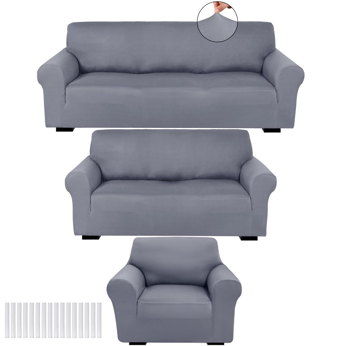 Peryiter 3 Pcs Slipcover Set for Couch Furniture Covers for Sofa Loveseat Couch Arm Chair, Form Fit Stretch, Wrinkle Free, Furniture Protector(Light Gray,Milk Silk Spandex)