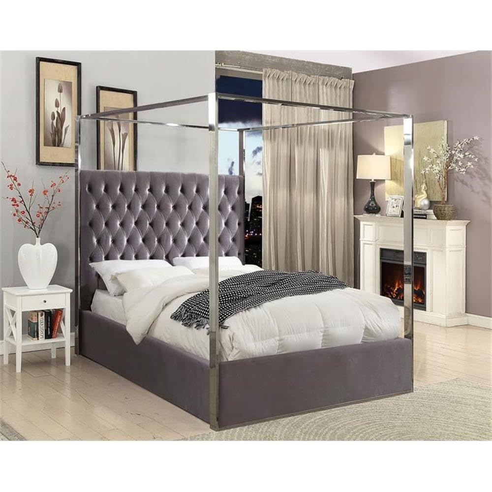 Meridian Furniture Porter Collection Modern | Contemporary Velvet Upholstered Bed with Deep Detailed Tufting and Chrome Canopy, Grey, King