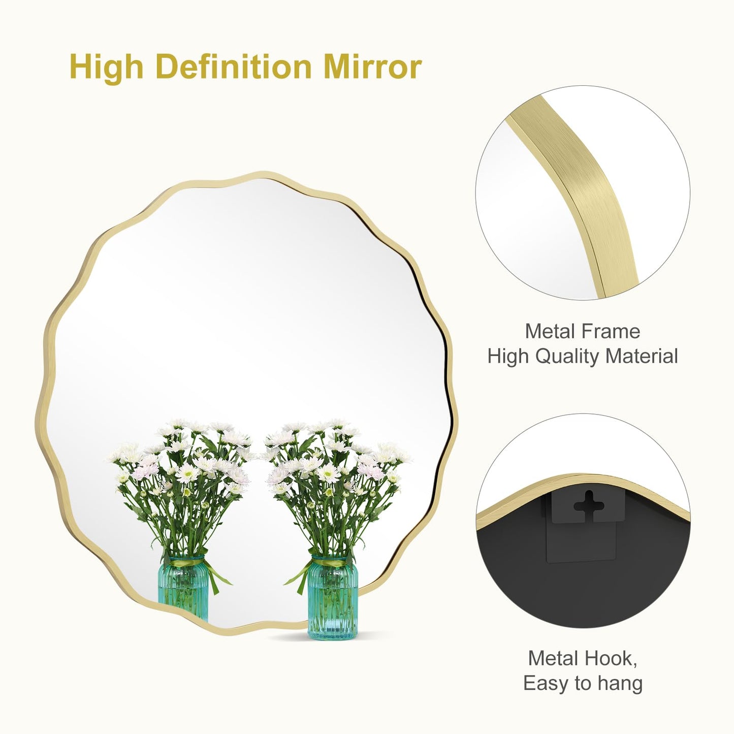 WallBeyond Round Wavy Mirror for Wall Decorative 32 inch, Modern Round Mirror Aluminum Frame for Bathroom Bedroom Living Room Home House Office Entryway, Gold