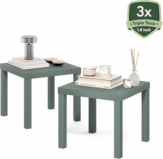 Furinno Classic Toolless Assembly Square Side Table Set of 2, Green End Table with 1.8 Thick Tabletop, Night Stand, Bedside Table, for Living Room, Bedroom, Light Sage