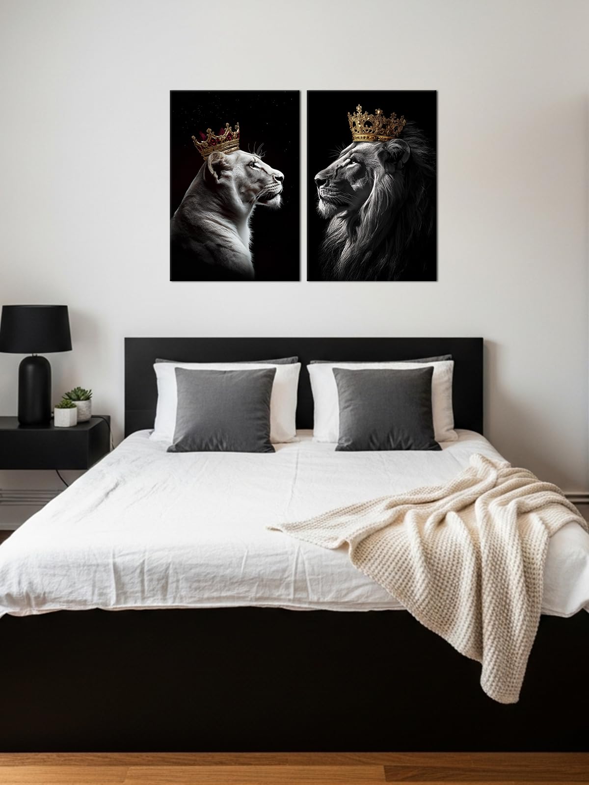 Lion King and Queen Wall Art 2 Piece Golden Crown Lion Canvas Picture Animal Couple Poster African Wild Animal Painting Black and White Artwork for Living Room Bedroom Decor(Ani-02,12"x16"x2)