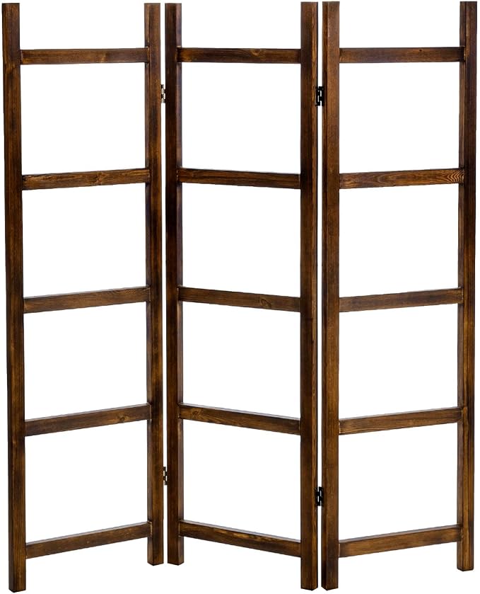 Blanket Ladder,Burnt Wood Blanket Ladder 59" H Freestanding and Folding, 6 Tier and 3 Panel Towel Rack for Bathroom, Decorative Display Ladder Shelf Quit Rack for Living Room, Brown.