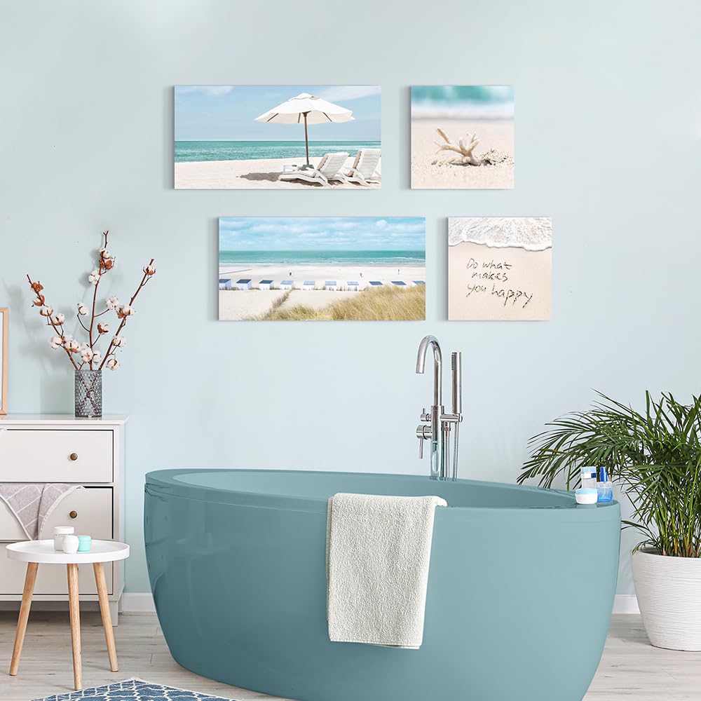 Coastal Canvas Wall Art Picture: Sandy Beach Chair Print 4 Piece Tropical Ocean Seascape Decor Artwork Relaxing Sea Scene Seashell Painting for Living Room Bedroom