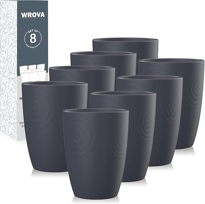 Wrova Wheat Straw Cups 8 PCS Good Alternative to Plastic Reusable Cups 12 oz Unbreakable Drinking Cup Reusable Dishwasher Safe Water Plastic Glasses Deep Grey