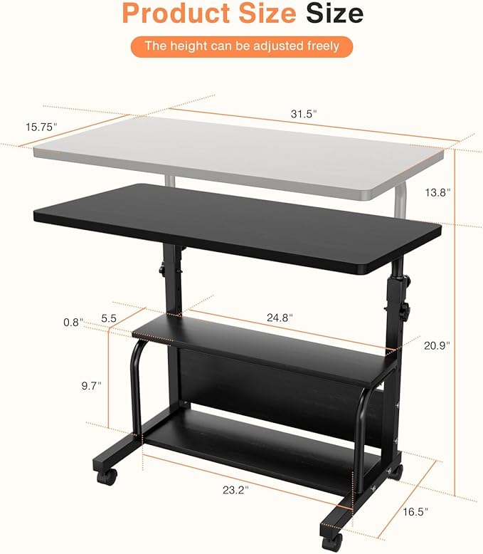 QZMDSM Portable Rolling Desk on Wheels Adjustable Height Desks for Small Spaces, 32" Computer Desk Drafting Tables with Storage Shelves for Home Office Black