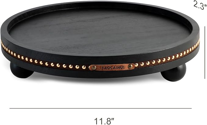 Farmhouse Decorative Round Tray, 11.81 Inch, Versatile Centerpiece Tray for Coffee Table Kitchen Living Room Bathroom, Home Decor Accent Black