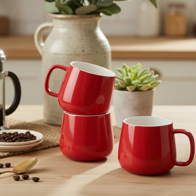 Teocera Coffee Mugs Set of 6-12oz Chip-Resistant Ceramic Cups with Ergonomic Handle | Dishwasher & Microwave Safe Red Mugs | Keeps Beverage Hot, Perfect for Family Kitchen & Holiday Gifts