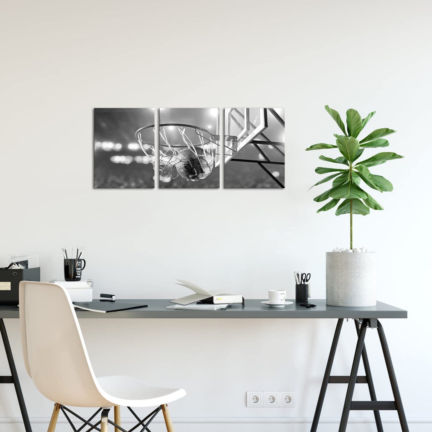 Apicoture Black and White Basketball Canvas Print Wall Art Basketball Poster Framed for Sport Room Wall Decor Ready to Hang 12''x 16''x 3 Panels