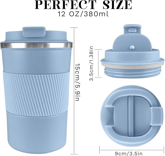 YINBAOGE Insulated Travel Coffee Mug, Spill & Leak Proof, Portable To Go Camping Stainless Steel Coffee Tumbler, Reusable Thermal Coffee Cup with Lid for Hot & Cold Drinks (Light blue, 12 OZ)