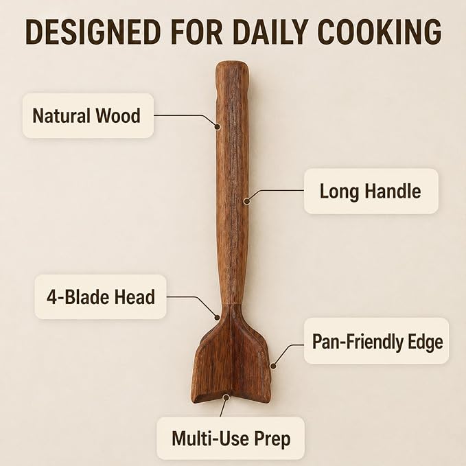 Teak Wooden Meat Chopper 3-Piece Set, Ground Beef Masher,Burger Crusher, Natural Non-Stick Durable Meat Hammer, Includes Wooden Scraper and Cleaning Brush