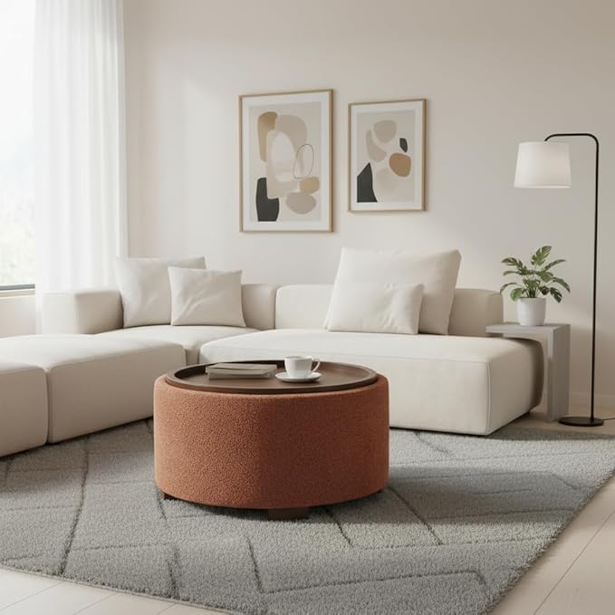 Zihanhome 30 Inch Round Storage Ottoman Coffee Table, Modern Boucle Ottoman with Lift-Off Lid and Solid Wood Legs for Living Room, Bedroom, Corners, Apartments (Orange)