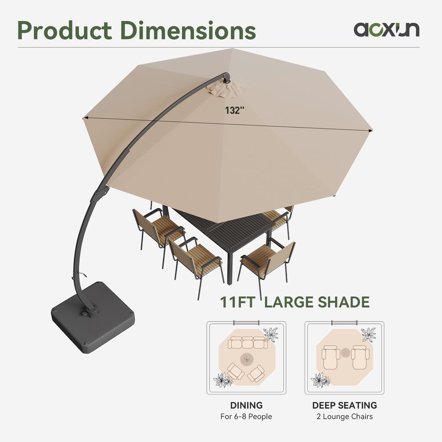 Aoxun 11 FT Cantilever Umbrella with led Light, Patio Large Aluminum Offset Umbrella Windproof with 360°Rotation, Heavy Duty Frame for Outdoor, Pool, Deck and Garden