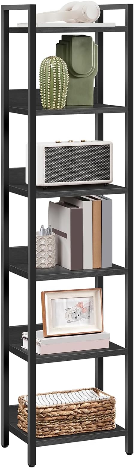 MAHANCRIS Bookshelf, 6-Tier Bookcase, Standing Book Shelf for Small Space, Storage Shelf Organizer, for Living Room, Bedroom, Study, Balcony, Black BKHB6601