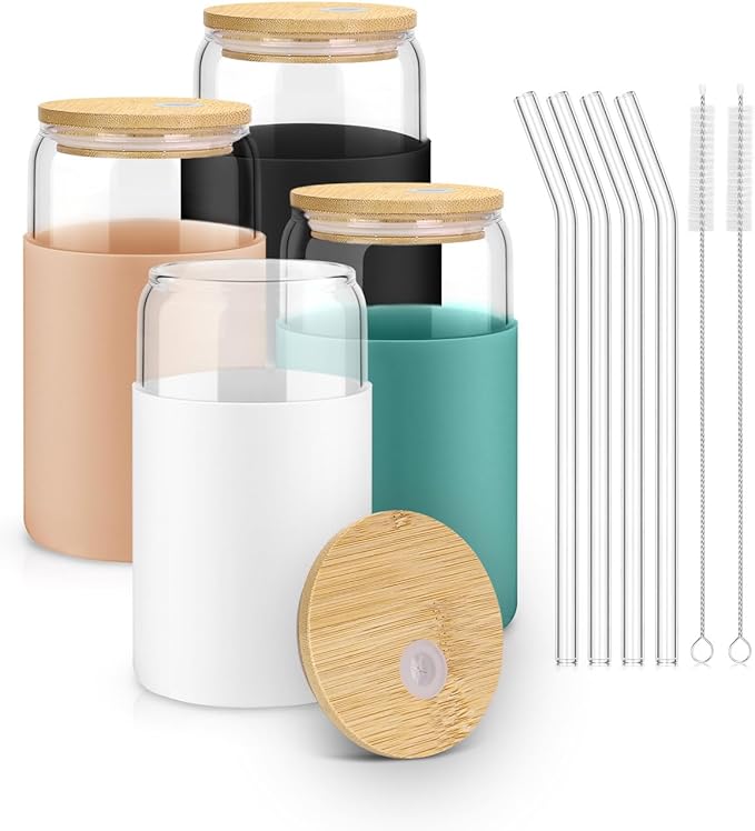 sungwoo Glass Cups with Lids and Straws, 4 Pack 16OZ Iced Coffee Cups with Silicone Sleeve, Glass Tumbler with Straw and Bamboo Lid, Home Essential Drinking Set for Juice, Cocktail and Latte 4 Colors