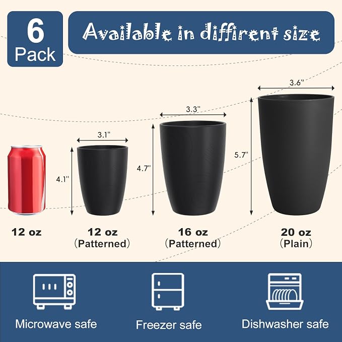 Wheat Straw Large Cup Set of 6, Unbreakable 20 OZ Tumbler, Alternative to Plastic Reusable Cups for Kitchen & Outdoor, Stackable Drinking Glasses, Dishwasher Safe Cup Set, Black