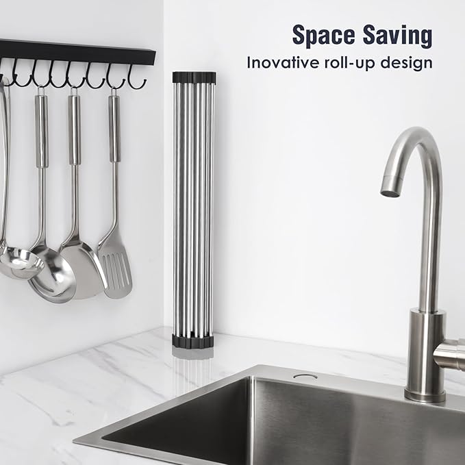 Tomorotec 17.7" x 15.5" Roll Up Dish Drying Rack Over Sink Drying Rack Sink Cover Kitchen Sink Accessories Gadget Multipurpose Organizer Foldable Stainless Steel Drainer