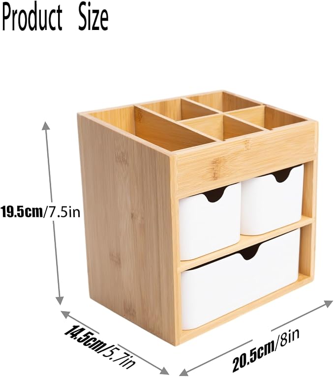 Bamboo Makeup Organizer with 3 Drawers, Dresser Cosmetic Organizer Box,Bamboo Desk Organizer for Home with Adjustable Dividers