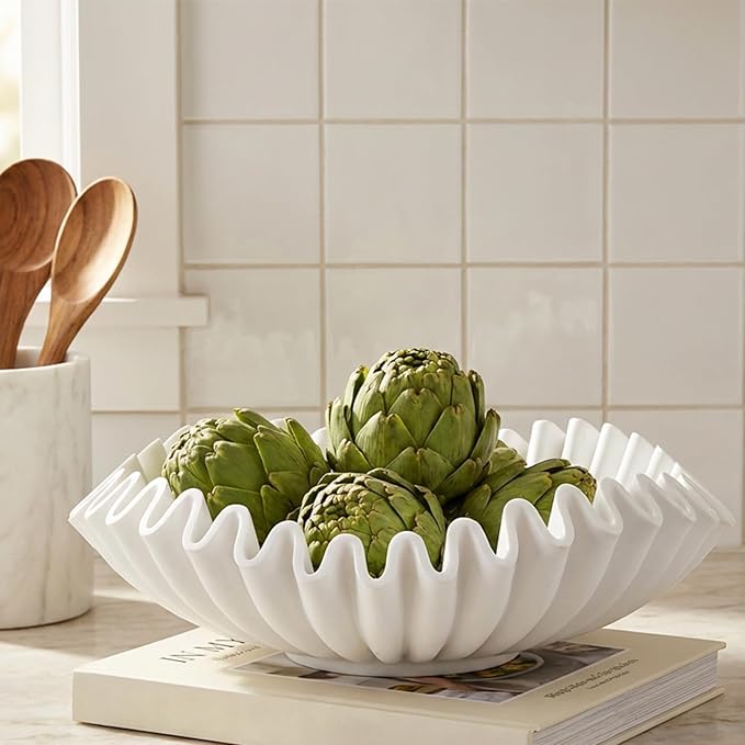 FESTGLOX White Decorative Bowl, Modern Handicraft Ruffle Key Bowls for Living Entryway Table, Decorative Fruit Bowl for Kitchen Counter, Coffee Tables