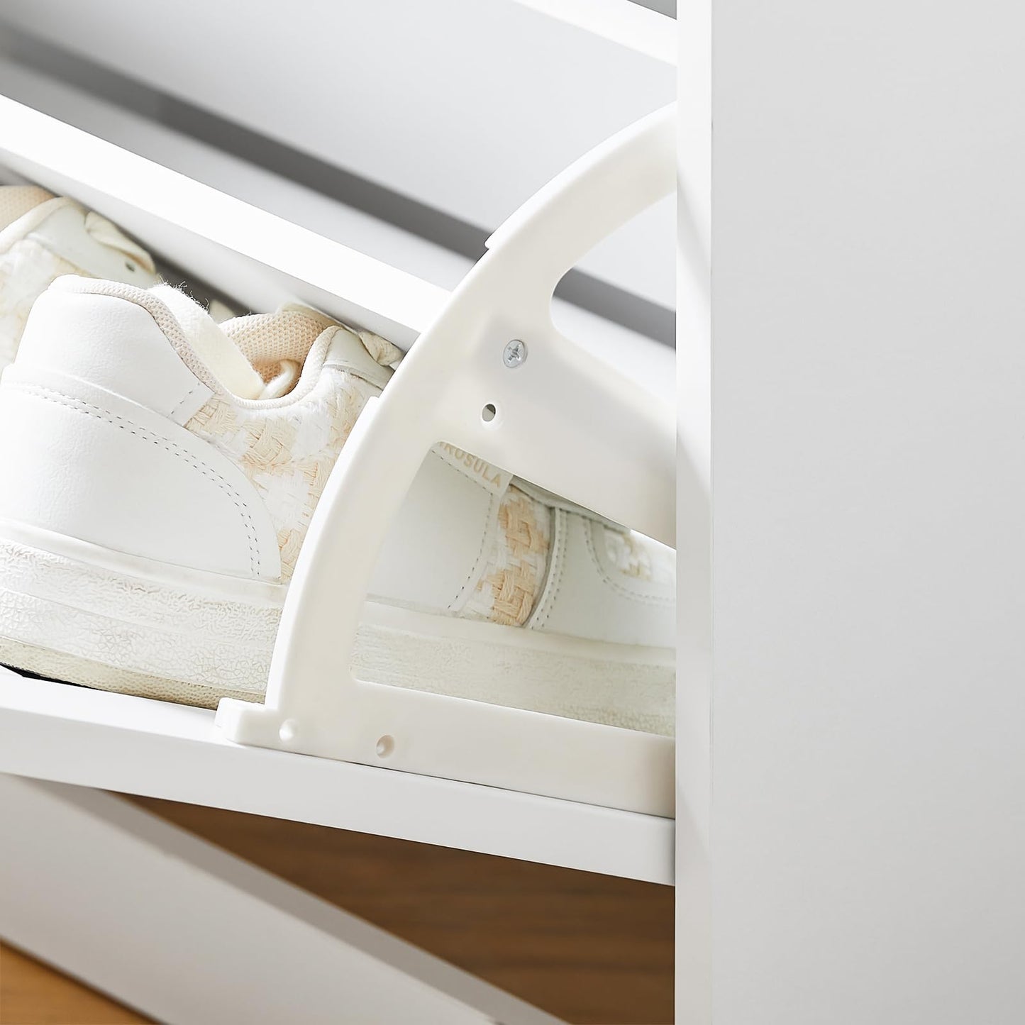 Haotian Small Shoe Storage Bench with Cushion, White Narrow Shoe Rack for Entryway, Small Shoe Cabinet with 2 Tiers Flip-Drawer, FSR195-K-W