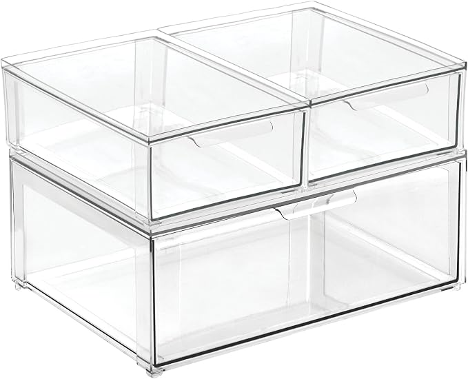 mDesign Plastic Stackable Bathroom Storage Organizer Bin Containers with Front Pull Drawer for Bathroom Countertop, Vanity, Closet Shelves - Holder for Accessories, Lumiere Collection, Set of 3, Clear