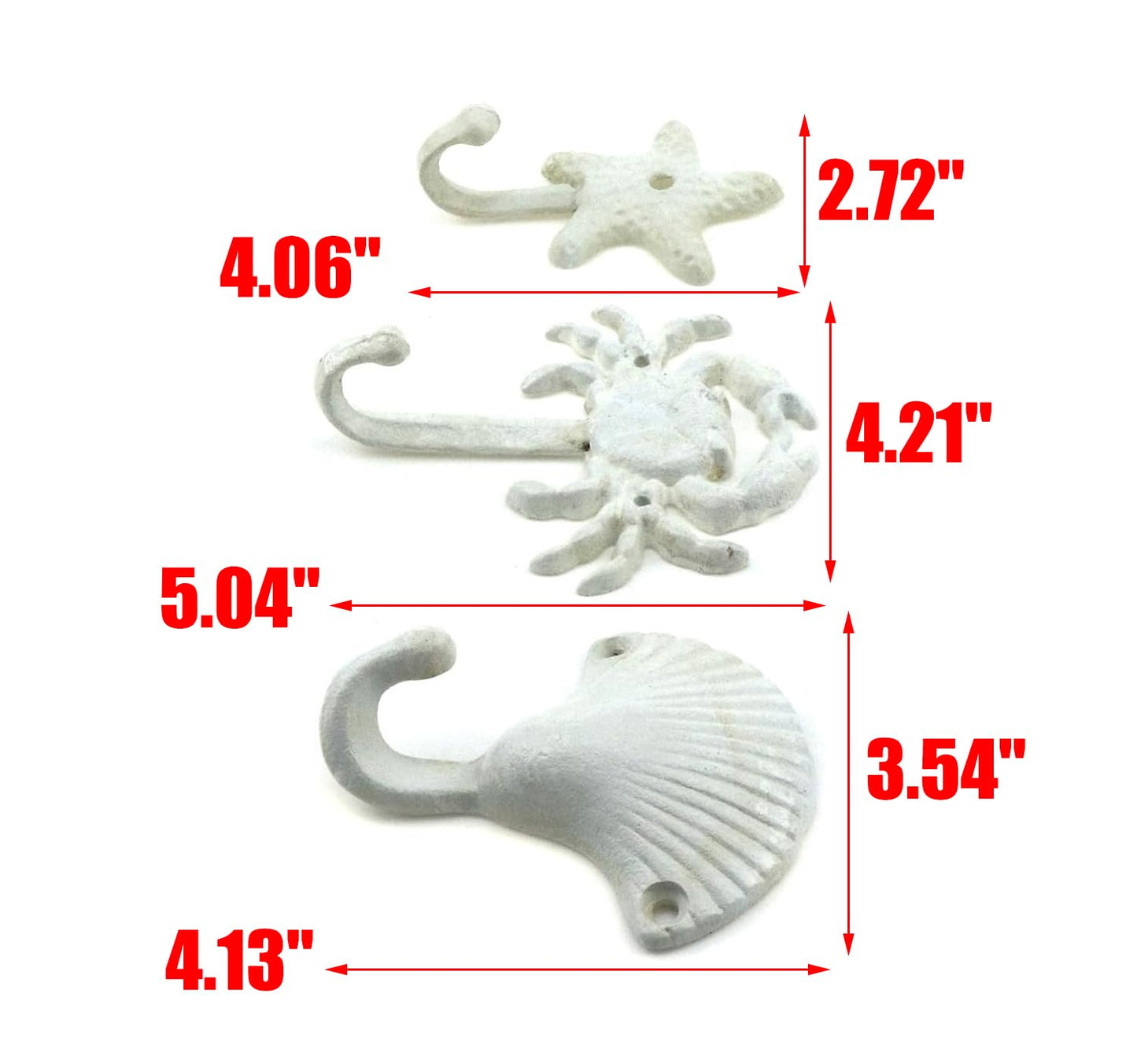 MY MIRONEY 3-Piece Starfish Seashell Crab Coats Hooks White Beach Ocean Theme Decorative Wall Hooks with Screws