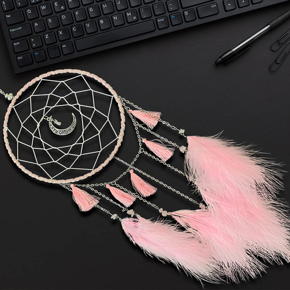 Dream Catcher Handmade Pink Feather Native American Circular Net for Boys Bedroom Wall Hanging Dream Catcher for Girls Kids Nursery Bedroom Decoration Blessing Gift (Pink)
