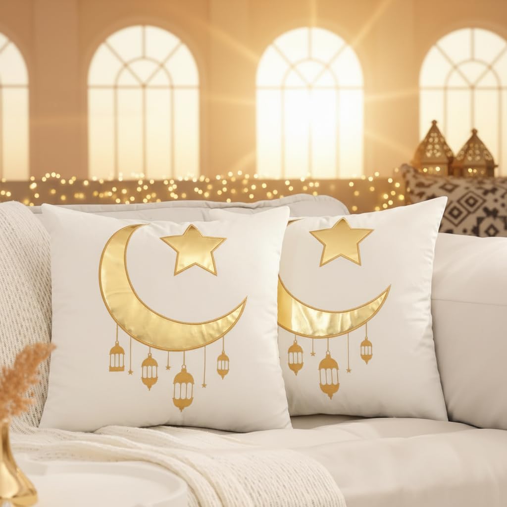 Tosleo Ramadan Lantern Pillow Covers 18x18 inch Set of 2 Beige and Gold Velvet Throw Pillow Covers Ramadan Eid Mubarak Cushion Covers Star and Moon Decorations for Home Couch Sofa Outdoor