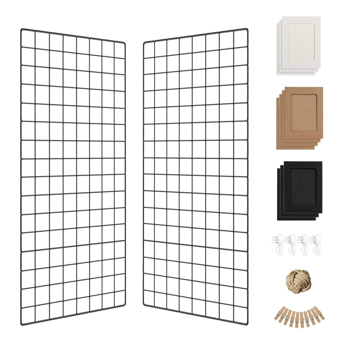 Wall Photo Grid Shelf, Wall Hanging Ins Art Display Grid Panel for Decor & Storage, Metal Wire Notice Boards & Memo Board, Mesh Tool Organiser, Wall Photo Frame 2 Pcs (Black, 15.7 x 31.5 inches)