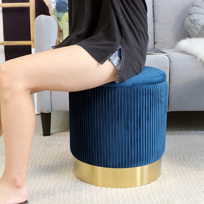 YYW HOME Navy Round Ottoman with Storage Set of 2 Vanity Stool Foot Rest with Removable Lid White Velvet Storage Ottoman Stool for Living Room and Dorm