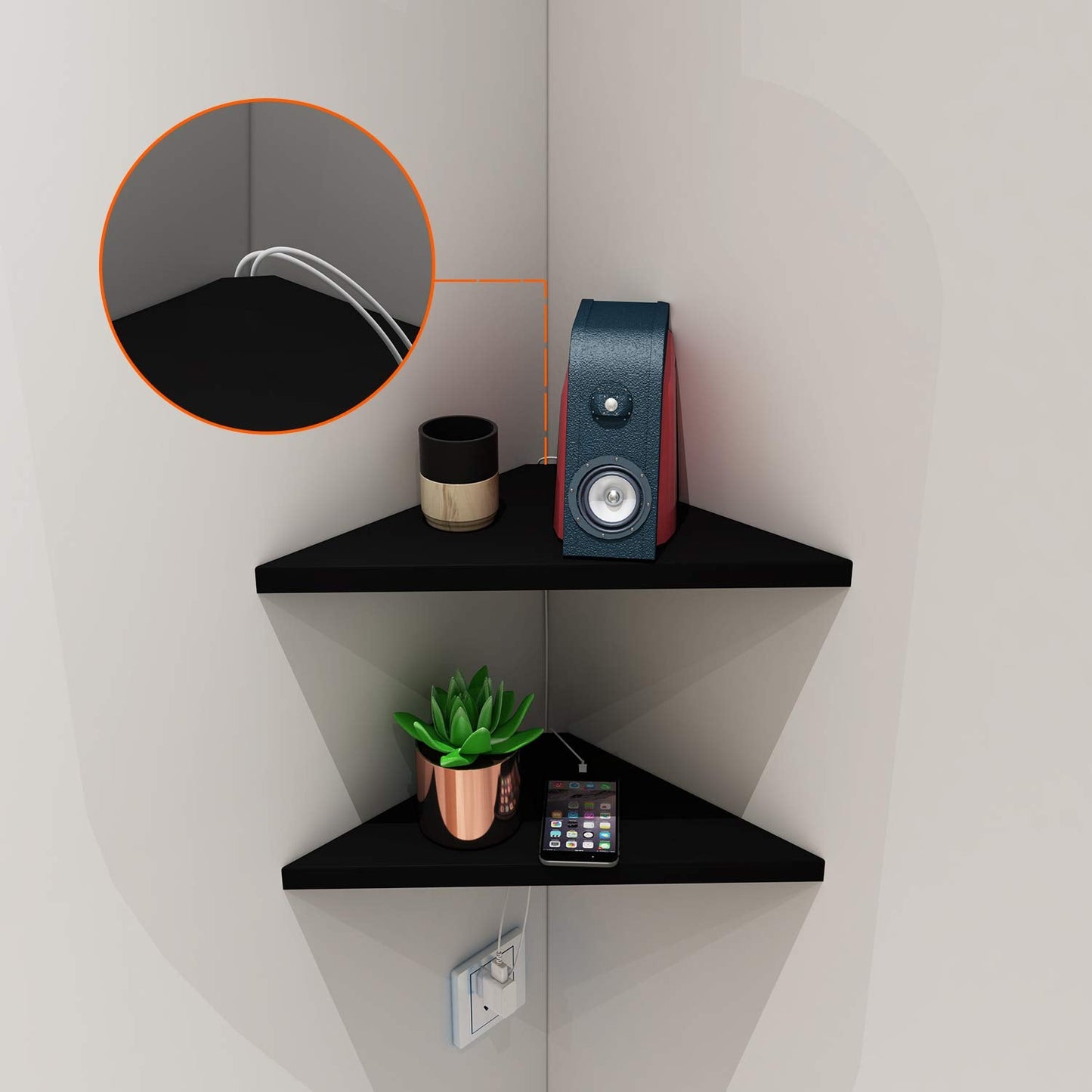 evron Corner Mounting Shelf Set of 2 – Easy to Install Floating Wall Shelves with Wood Grain Finish, Durable and Waterproof ABS Plastic for Kitchen, Bathroom, Living Room Home Décor