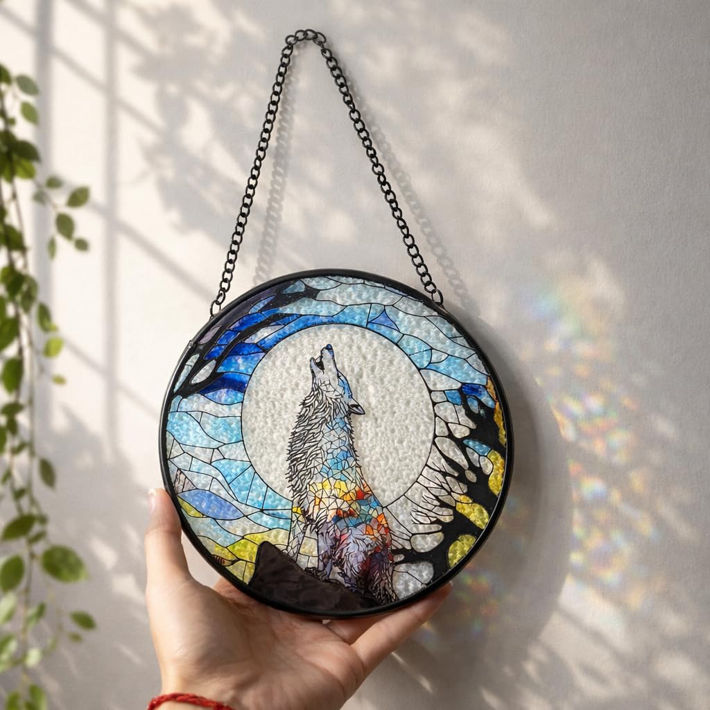 Stained Glass Window Hanging, Stained Glass Suncatcher, Wolf Sun Catcher with Metal Chain, Window Decor for Home Garden, Wolf Lover Gift, Housewarming, Christmas or Birthday Gift (Black)