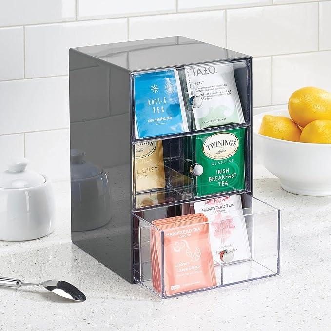 mDesign Plastic Wide Kitchen Pantry, Cabinet, Countertop Organizer Storage Station, 3 Drawers for Coffee, Tea, Sugar Packets, Sweeteners, Creamers, Drink Pods, Packets; 18 Sections, Dark Gray/Clear