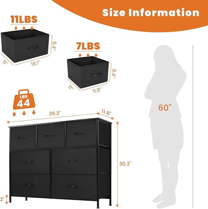 Sweetcrispy 7 Drawer Dresser Storage Organizer with Fabric Bins, Sturdy Steel Frame and Wood Top, Easy Pull Handles, for Bedroom Closet Hallway Entryway,Black
