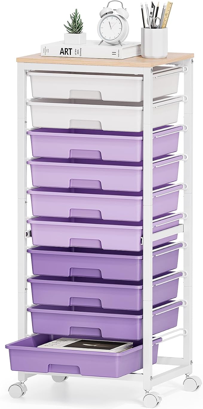 SYKIARIOL Rolling Cart with Drawers,10 Drawer Rolling Cart,Storage Cart with Wheels,Utility Cart with Drawers,Teacher Cart for Classroom Storage,Craft Cart with Wheels and Wooden Tabletop,Purple