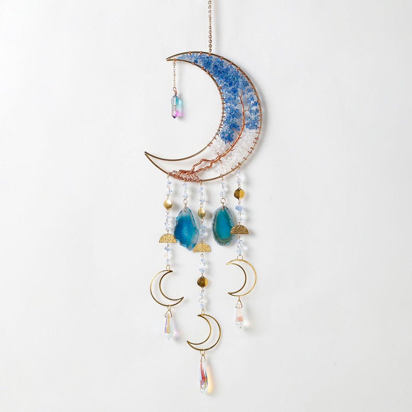Agate Gemstone Dream Catcher 7 Chakra Tree of Life Dream Catcher with Crystal Stones Handmade Dreamcatcher Wall Decor for Adults Boys Girls,Bedroom,Wedding,Garden,Bless Gift(Blue Moon with Pendant)
