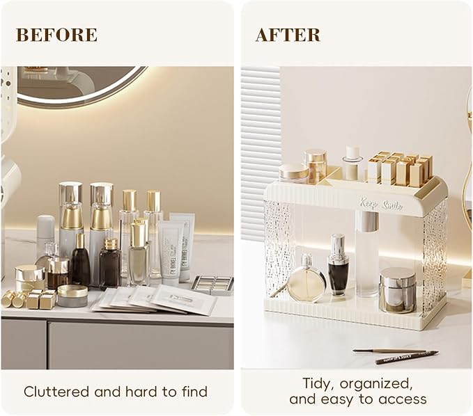 Bathroom Countertop Organizer, 2 Tier Makeup Storage Counter Shelf, Perfume Stand Vanity Holder Skincare Cosmetic Lipstick Dresser Office Tray for Bedroom Living Room Dressing Table, Acrylic