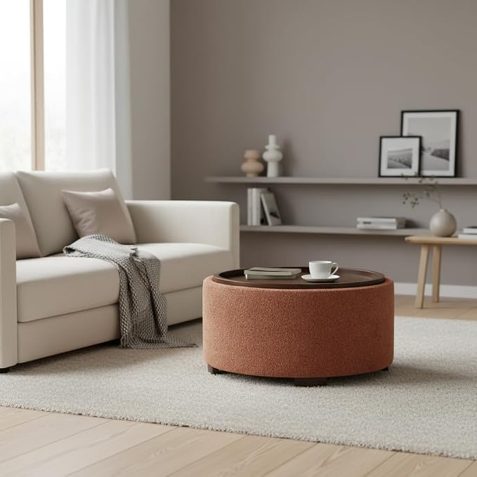 Zihanhome 30 Inch Round Storage Ottoman Coffee Table, Modern Boucle Ottoman with Lift-Off Lid and Solid Wood Legs for Living Room, Bedroom, Corners, Apartments (Orange)
