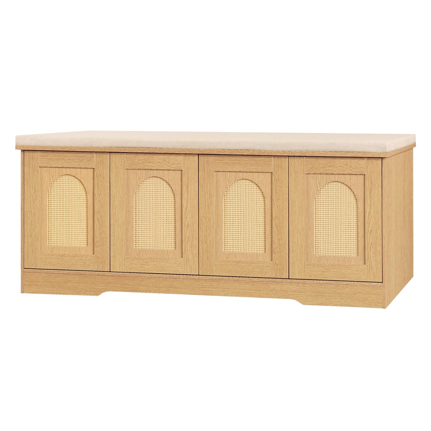 DINZI LVJ Shoe Bench, Entryway Storage Bench with Doors, Cushion, 2-Tier Shoe Rack with 8-Cubby, 47.2”L x 13.8”W Shoe Organizer Cabinet, Adjustable Shelf, Living Room, Bedroom, Natural with Rattan