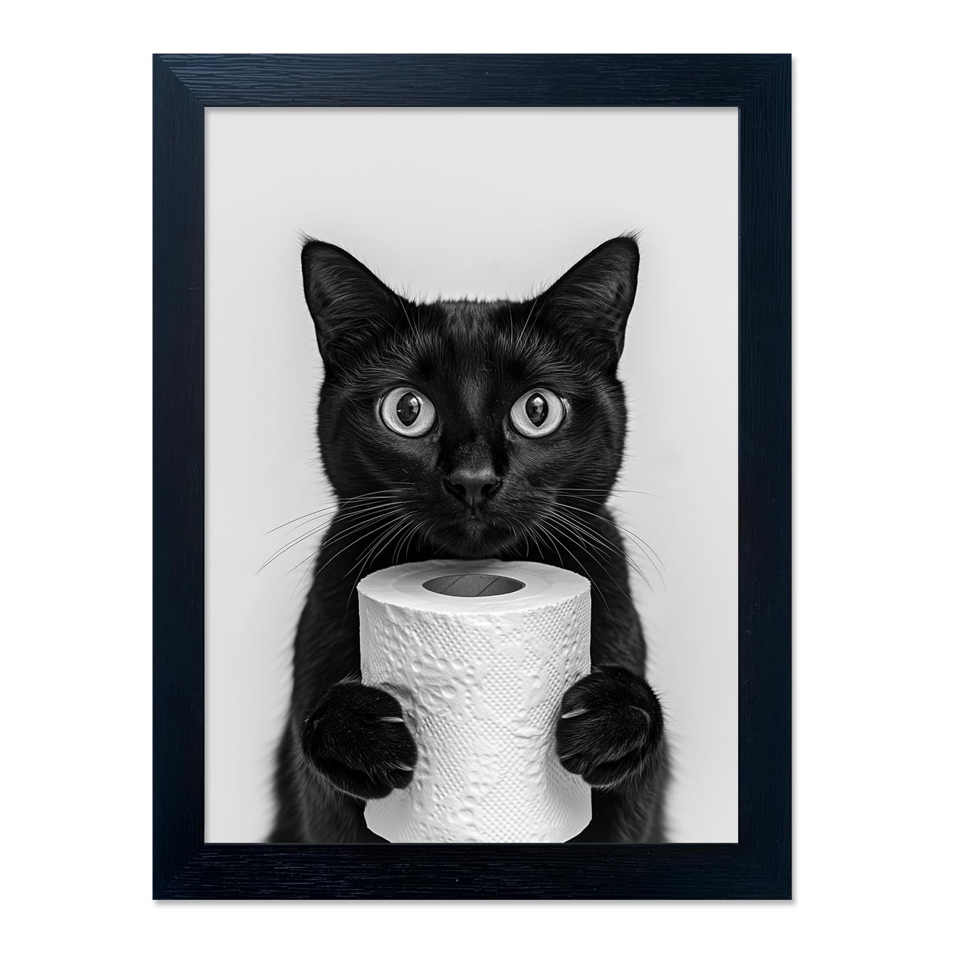 Framed Funny Black Cat Holding Toilet Paper Roll Canvas Print Poster Black and White Bathroom Wall Art Animal Painting Bathroom Pictures Wall Decor