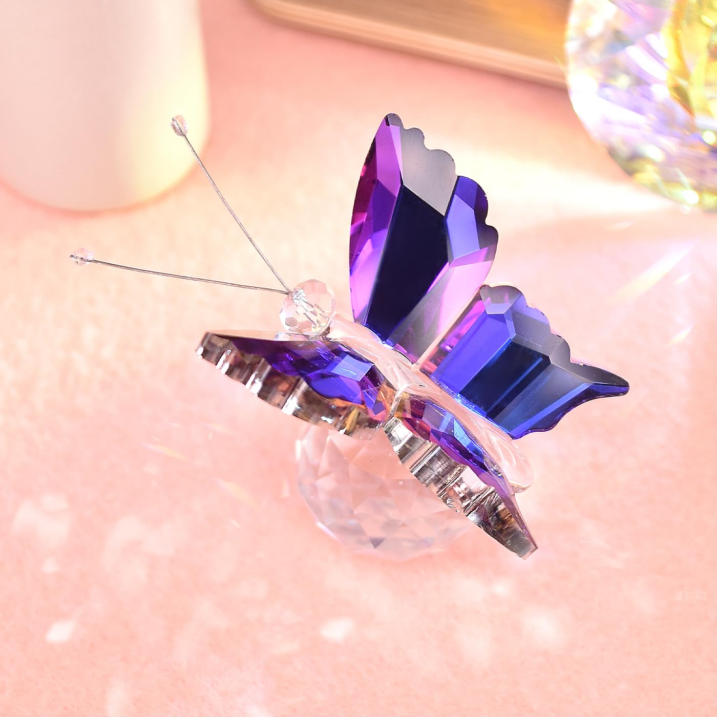Libiline 1pc Crystal Butterfly Figurine with Purple Wings, Decorative Glass Ball Stand, Collectible Home Decor (Purple)
