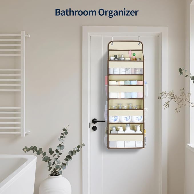 Yecaye Over The Door Organizer, Heavy Duty Hanging Organizers and Storage with 4 Large Capacity Pockets, Swing-Proof Behind The Door Storage for Bathroom Nursery Bedroom Dorm Closet, Beige,1Pc