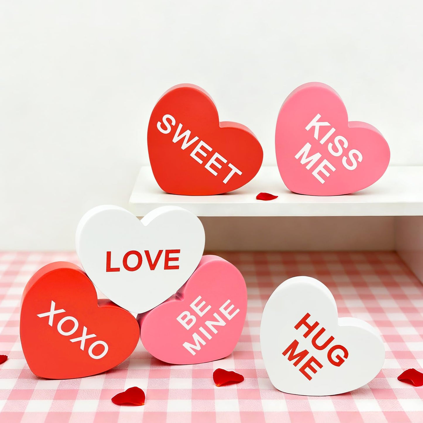 Valentines Day Decorations 6 PCS, Wooden Conversation Heart Decor for Home Table,Red White Pink Candy Heart Signs Centerpiece for Indoor Office Tiered Tray Fireplace,Valentine Gift for Couples Wedding