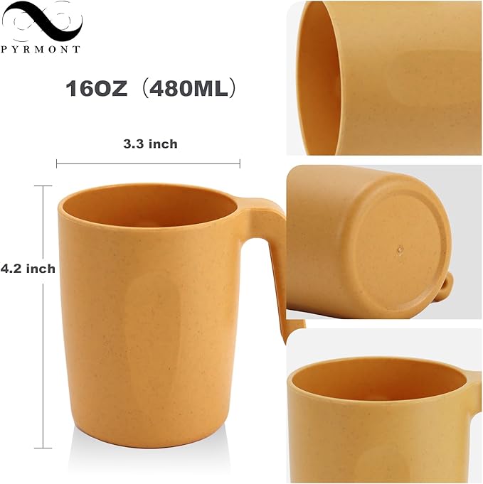 PYRMONT Wheat Straw Cups 16 Oz Alternative Plastic Cups With Handle Dishwasher & Microwave Safe Mug Set of 6 Unbreakable Cups Set for Office,Home,BBQ,RV Cute Cups-Multi