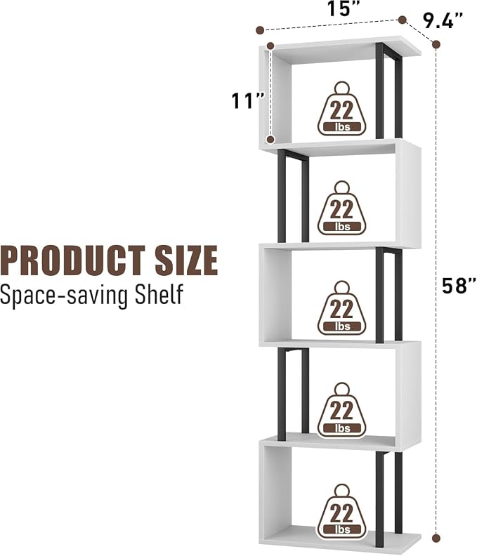Gadroad 5-Tier Bookshelf, Narrow S-Shaped Geometric Bookcase, Wood Decorative Storage Shelving, Modern Freestanding Display Shelves, Book Shelf Unit for Living Room Bedroom Home Office, White