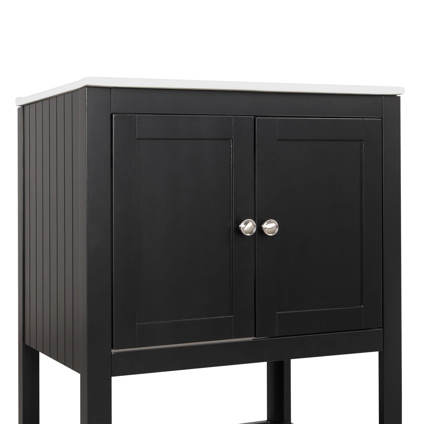 24" Bathroom Vanity with Ceramic Sink Top Set, Cabinet with Adjustable Shelf and Open Storage Space, Soft-Closing Door, Solid Wood Frame, Black