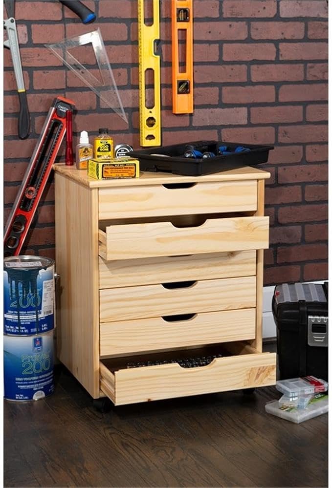 Linon Callie Multipurpose Six Drawer Dresser Wide Wood Rolling File Cabinet Storage Cart in Natural