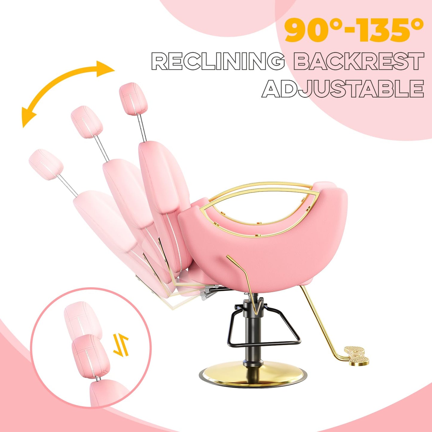 Professional Reclining Salon Barber Chair with Heavy-Duty Pump, Height-Adjustable & 360° Swivel Styling Chair, 330 LBS Capacity, Comfortable High-Density Cushion for Spas, Tattoo Studios, Pink & Gold