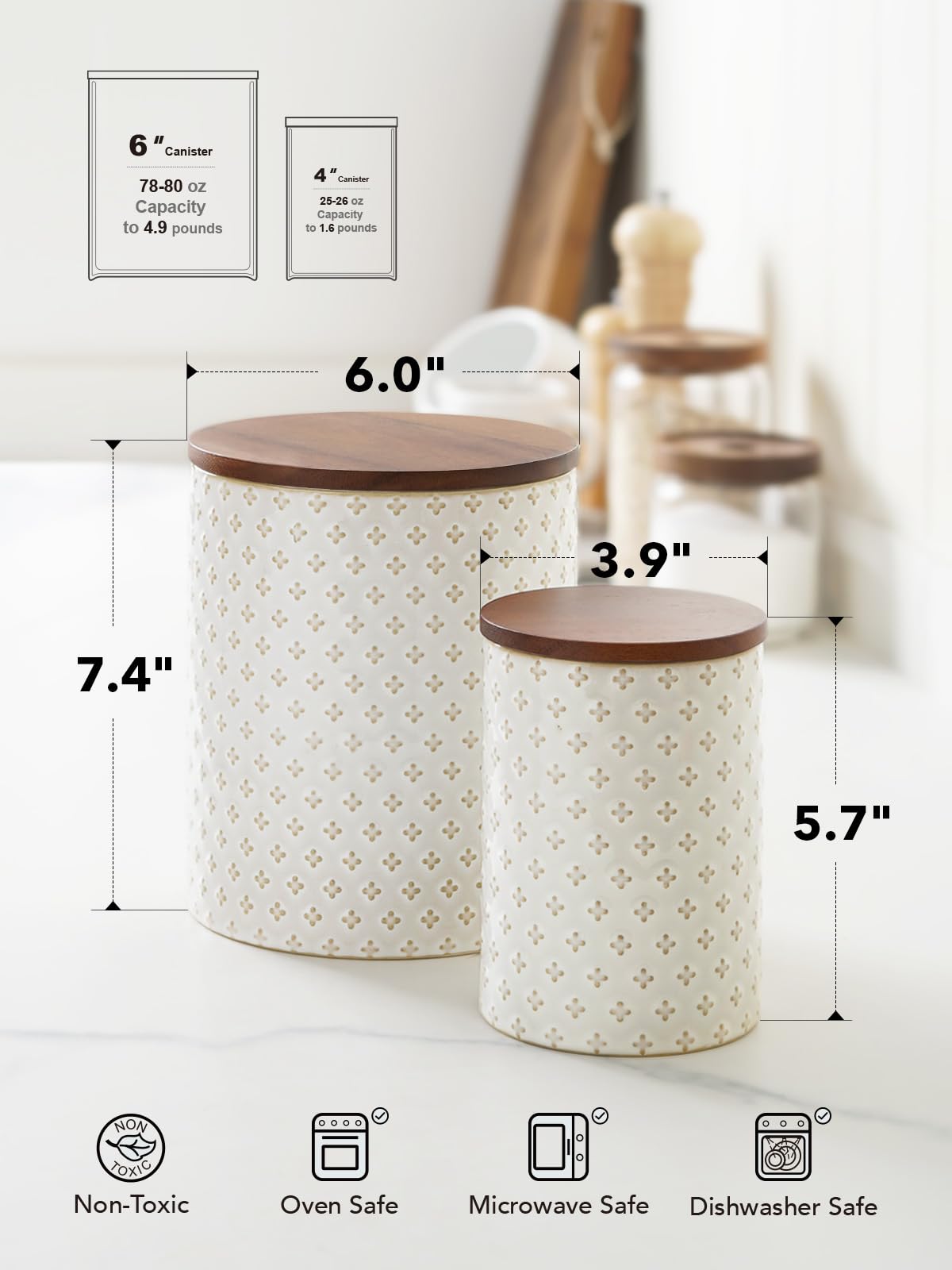 LE TAUCI Ceramic Kitchen Canister Set with Airtight Lids, Food Storage Containers for Flour, Sugar, Coffee - Large Embossed Jars for Pantry Storage & Countertop Decor - Set of 2 (78/25 oz), Clover